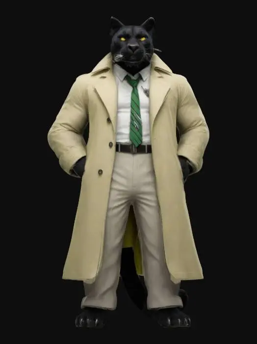3D model for "Anthropomorphic black panther detective, tall and muscular, wearing a beige trench coat over a white dress shirt and striped green tie. Sleek black fur with sharp feline features, piercing yellow eyes, and a rugged, world-weary expression. Posed with a confident stance, one hand in coat pocket, the other holding a lit cigarette. Noir-inspired, realistic PBR textures with subtle fur details, leather shoes, and a slightly worn coat. Dimly lit urban backdrop, moody 1940s detective aesthetic."