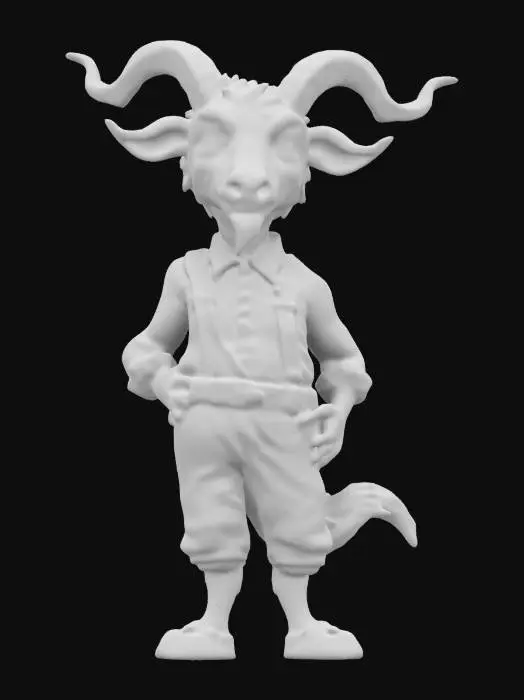 3D model for "Anthropomorphic goat bartender, lanky and awkward, with shaggy off-white fur and crooked little horns. Wearing a stained dress shirt with suspenders slightly askew, always fumbling with a bottle or rag. His expression is nervous but well-meaning, constantly dropping things or spilling drinks. His fur is unkempt with subtle texture details, and his loose clothing adds to his clumsy charm. PBR textures ensure realism while capturing his lovable, bumbling noir aesthetic."