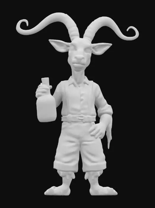 3D model for "Anthropomorphic goat bartender, lanky and awkward, with shaggy off-white fur and crooked little horns. Wearing a stained dress shirt with suspenders slightly askew, always fumbling with a bottle or rag. His expression is nervous but well-meaning, constantly dropping things or spilling drinks. His fur is unkempt with subtle texture details, and his loose clothing adds to his clumsy charm. PBR textures ensure realism while capturing his lovable, bumbling noir aesthetic."