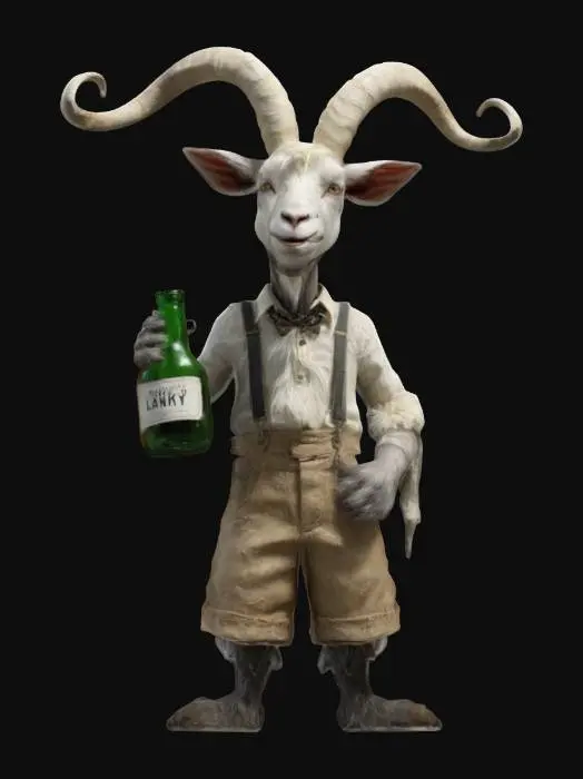 3D model for "Anthropomorphic goat bartender, lanky and awkward, with shaggy off-white fur and crooked little horns. Wearing a stained dress shirt with suspenders slightly askew, always fumbling with a bottle or rag. His expression is nervous but well-meaning, constantly dropping things or spilling drinks. His fur is unkempt with subtle texture details, and his loose clothing adds to his clumsy charm. PBR textures ensure realism while capturing his lovable, bumbling noir aesthetic."