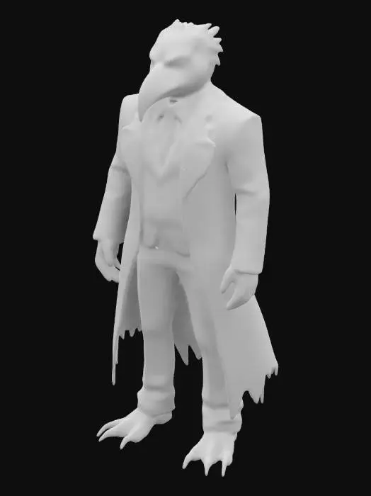 3D model for "Anthropomorphic vulture crime boss, tall and gaunt with dark, leathery skin and piercing, sunken eyes. Wearing a perfectly tailored black three-piece suit, his long hooked beak giving him a permanent sinister grin. His expression is cold and calculating, a master manipulator who never gets his hands dirty. His feathers are sleek but slightly worn, with subtle shading enhancing his gaunt features. PBR textures ensure lifelike feathers and refined clothing, embodying his ruthless, noir aesthetic.