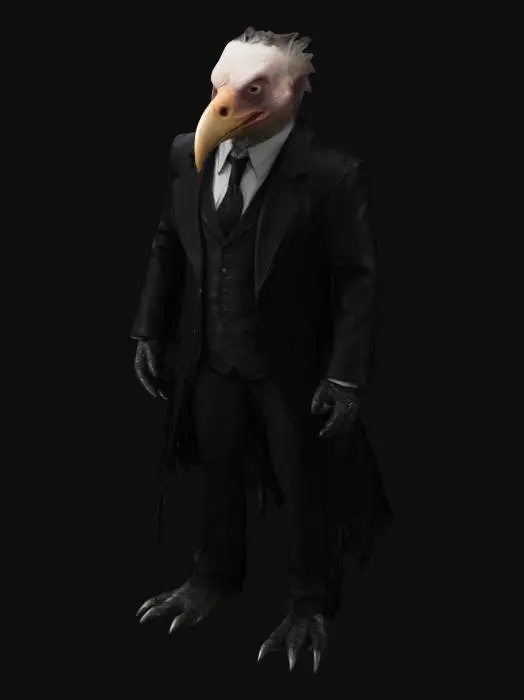 3D model for "Anthropomorphic vulture crime boss, tall and gaunt with dark, leathery skin and piercing, sunken eyes. Wearing a perfectly tailored black three-piece suit, his long hooked beak giving him a permanent sinister grin. His expression is cold and calculating, a master manipulator who never gets his hands dirty. His feathers are sleek but slightly worn, with subtle shading enhancing his gaunt features. PBR textures ensure lifelike feathers and refined clothing, embodying his ruthless, noir aesthetic.