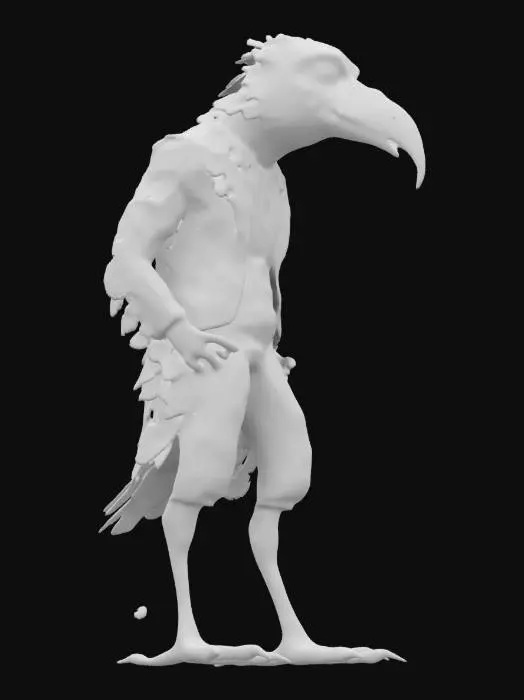 3D model for "Anthropomorphic vulture crime boss, tall and gaunt with dark, leathery skin and piercing, sunken eyes. Wearing a perfectly tailored black three-piece suit, his long hooked beak giving him a permanent sinister grin. His expression is cold and calculating, a master manipulator who never gets his hands dirty. His feathers are sleek but slightly worn, with subtle shading enhancing his gaunt features. PBR textures ensure lifelike feathers and refined clothing, embodying his ruthless, noir aesthetic.