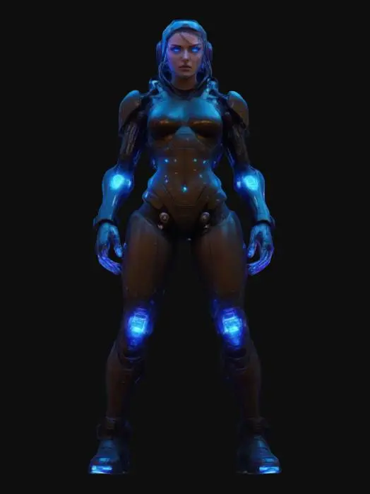 3D model for Cyberpunk Female Operative: A highly detailed cyberpunk woman with sleek cybernetic implants, neon-lit facial augments, and a tactical bodysuit made of synthetic leather and carbon fiber. Her glowing blue eyes scan the cityscape, while a holographic interface projects from her gauntlet. Metallic circuitry weaves through her exposed biomechanical limbs, blending gritty realism with futuristic design.