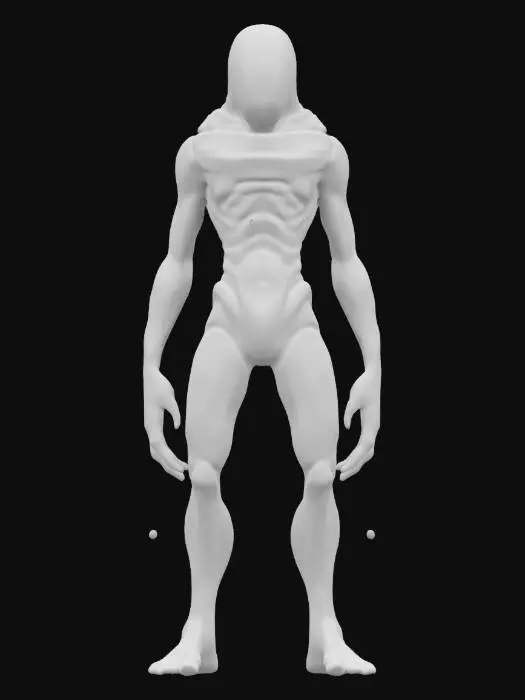 3D model for A humanoid figure appearing as if sculpted from a single block of seamless, flowing material. The body has a highly stylized form with exaggerated curves and asymmetrical, draped segments. The face is partially obscured by smooth, shifting folds of its own body. The stance is poised yet fluid, suggesting movement despite being seemingly carved from solid matter. The form remains minimal yet captivating, evoking an aura of elegance and mystery