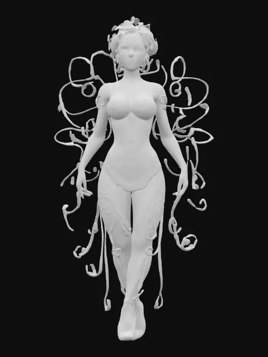 3D model for "A highly detailed, feminine figure sculpted in a flowing, ornamental Rococo style. The body is adorned with intricate swirling patterns, floral carvings, and layered embellishments. The torso features a corset-like structure with finely sculpted lace detailing, while the arms and legs have ribbon-like extensions that flow into the overall composition. The face is delicately sculpted, with serene yet elaborate expressions. The stance is elegant, radiating regal opulence and movement."