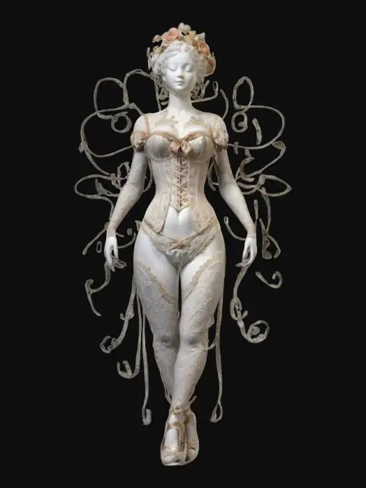 3D model for "A highly detailed, feminine figure sculpted in a flowing, ornamental Rococo style. The body is adorned with intricate swirling patterns, floral carvings, and layered embellishments. The torso features a corset-like structure with finely sculpted lace detailing, while the arms and legs have ribbon-like extensions that flow into the overall composition. The face is delicately sculpted, with serene yet elaborate expressions. The stance is elegant, radiating regal opulence and movement."