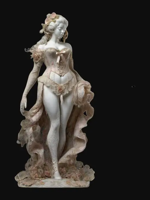 3D model for "A highly detailed, feminine figure sculpted in a flowing, ornamental Rococo style. The body is adorned with intricate swirling patterns, floral carvings, and layered embellishments. The torso features a corset-like structure with finely sculpted lace detailing, while the arms and legs have ribbon-like extensions that flow into the overall composition. The face is delicately sculpted, with serene yet elaborate expressions. The stance is elegant, radiating regal opulence and movement."