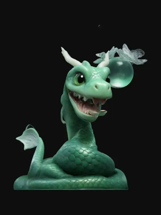 3D model for A tiny chibi Jörmungandr, coiled like a noodle with a goofy, oversized grin. Its smooth, jade-green scales shimmer with soft glowing Nordic runes, and a tiny forked tongue flicks playfully. It floats inside a small stormy bubble, occasionally puffing out harmless venom clouds. A mix of soft, snake-like textures with subtle glow effects on the runes for a magical touch., #valentine#