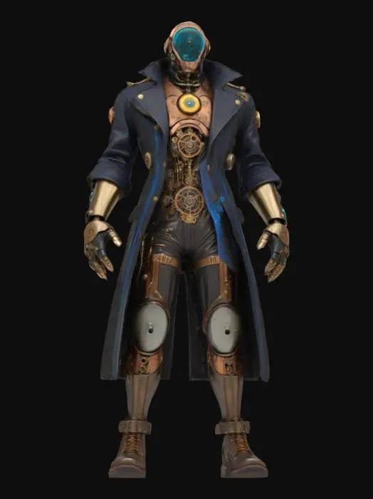 3D model for {
  "prompt": "A highly detailed steampunk cyborg bounty hunter, humanoid with exposed brass and copper mechanical parts, intricate clockwork gears on shoulders and back, wearing a dark leather trench coat with glowing blue circuit lines, monocle with a targeting reticle over one eye, mechanical arm with clawed fingers, rugged boots with pneumatic joints, standing in a confident pose with a smirk, realistic textures for metal, leather, and synthetic skin",
  "format": "glb",
  "polycount": "high"
}
