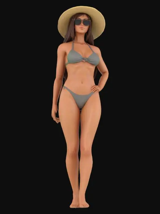 3D model for {
"object_type": "female character",
"visual_description": "a confident, athletic woman in a stylish bikini with sunglasses and a beach hat, standing in a relaxed pose on a sandy beach",
"style": "realistic",
"polycount": "medium",
"format": "glb"
}