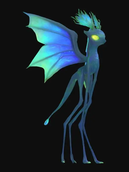 3D model for {
  "object_type": "fantasy creature",
  "style": "stylized",
  "materials": "crystal and glowing moss",
  "colors": "iridescent blue and green",
  "shape": "slender body with large wings and glowing eyes",
  "details": "feathered antennae, runic markings on wings, semi-transparent tail",
  "camera_angle": "three-quarters front view",
  "lighting": "soft ambient lighting with magical glow highlights",
  "environment": "floating island forest at dusk"
}

