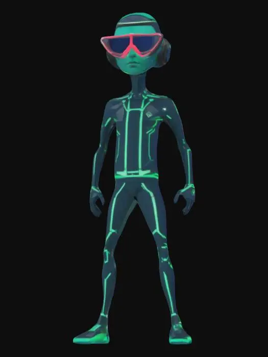 3D model for {
  "Object": "low-poly network dev avatar",
  "Material": "semi-gloss polygons with LED trim lines",
  "Shape/Form": "slim but sharp-edged form with speed-line posture",
  "Color Scheme": "midnight blue, soft neon green, and pale teal",
  "Texture Details": "ping bar decals, timeout goggles, glowing trace lines on limbs",
  "Style": "low-poly",
  "Environment/Use Context": "frozen mid-drift over a spinning packet vortex",
  "Reference Models": "like a digital ninja styled for net latency warfare"
}
