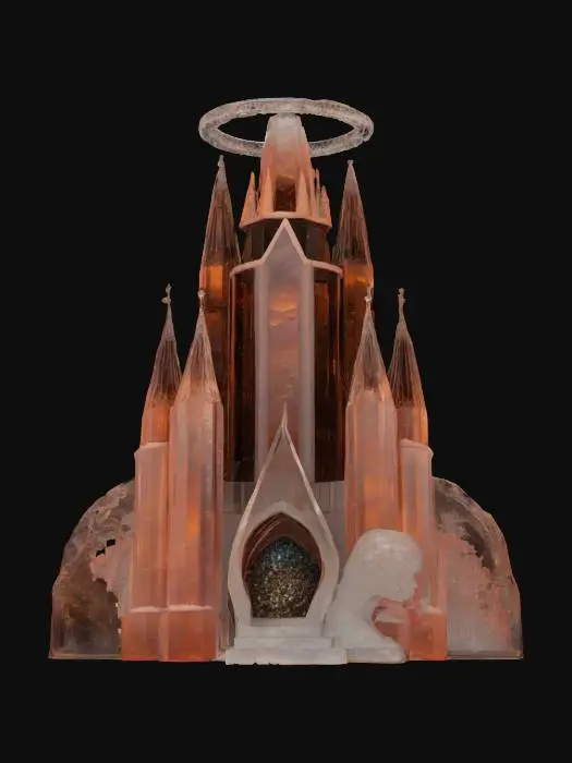 3D model for [Japan, Sapporo]
City: #Sapporo
Object: Snow Festival Ice Castle → Celestial Galaxy Observatory #AroundTheWorld#
Material: hammered crystal ice panels infused with shimmering meteorite dust
Shape/Form: symmetrical spiral spires branching into floating ice rings and planetary orbs
Color Scheme: translucent midnight-blue ice, silver-white highlights, aurora-green inner glow
Texture Details: prismatic ice facets, micro-etched meteorite striations, softly pulsating luminescent veins
Style: low-poly cartoon fantasy–high-poly clarity (~50K verts)
Environment/Use Context: set on a VR tundra under a dynamic starfield, with rotating star trails weaving through the spires
Reference Models: inspired by cosmic observatory domes and voxel nebula sculptures