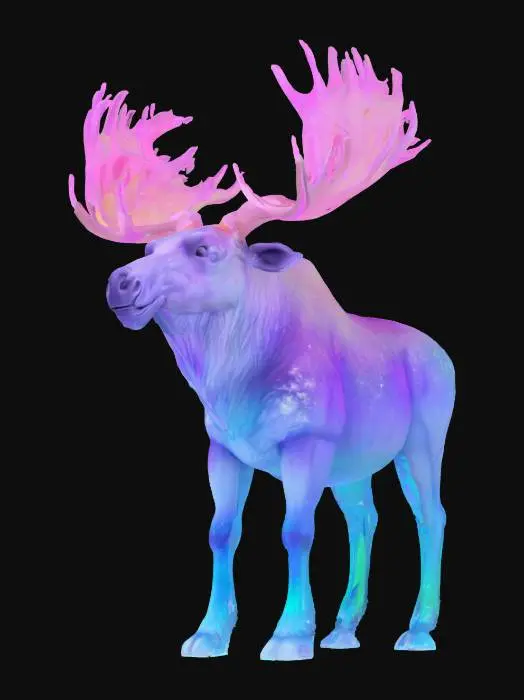 3D model for [Canada]
Object: Aurora Moose Titan
Material: Living stardust, glowing ice, ethereal mist
Shape/Form: Giant moose-like creature with massive luminous antlers stretching like northern lights
Color Scheme: Deep cosmic purples, greens, and blues with soft white highlights
Texture Details: Wispy mist textures, shimmering particle antlers, smooth icy hooves
Style: Mythical cosmic realism
Environment/Use Context (optional): Roaming across frozen tundras under shifting auroras
Reference Models (optional): Inspired by cosmic giants and Canadian wildlife myths #AroundTheWorld#