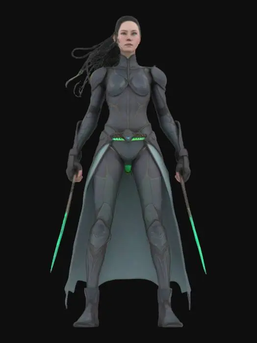 3D model for Object: Aurora Huntress of the Arctic Wastes
Material: Whale-bone composites, graphene armor mesh, micro-LED braids
Shape/Form: Slim athletic humanoid; flexible armor; braided hair with embedded lights; dual nanosteel carving knives
Color Scheme: Matte black, shifting aurora greens and purples, pale skin tones
Texture Details: Flexible hardened mesh, bone-carved armor, smooth braided fibers with shimmering micro-lights
Style: Futuristic nomadic survivalist
Environment/Use Context (optional): Stalking prey in the neon-lit ghost cities of the Arctic
Reference Models (optional): Blends Inuit tracker traditions with cyber-futurist stealth suits
Tags: #AroundTheWorld#