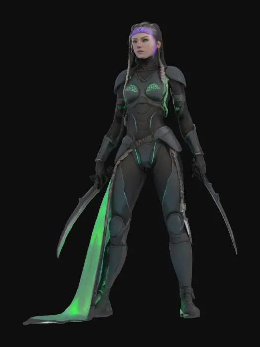3D model for Object: Aurora Huntress of the Arctic Wastes
Material: Whale-bone composites, graphene armor mesh, micro-LED braids
Shape/Form: Slim athletic humanoid; flexible armor; braided hair with embedded lights; dual nanosteel carving knives
Color Scheme: Matte black, shifting aurora greens and purples, pale skin tones
Texture Details: Flexible hardened mesh, bone-carved armor, smooth braided fibers with shimmering micro-lights
Style: Futuristic nomadic survivalist
Environment/Use Context (optional): Stalking prey in the neon-lit ghost cities of the Arctic
Reference Models (optional): Blends Inuit tracker traditions with cyber-futurist stealth suits
Tags: #AroundTheWorld#