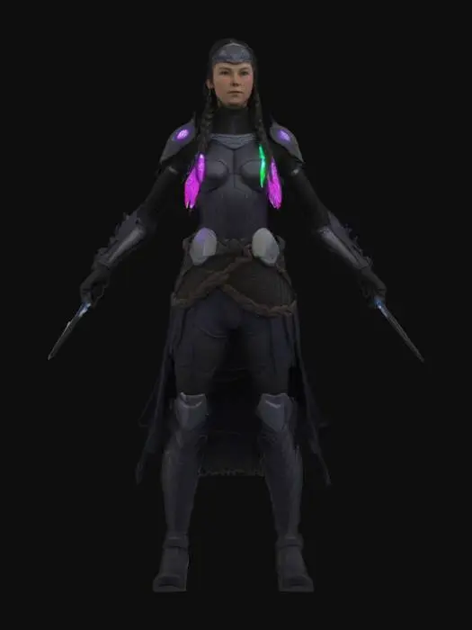 3D model for Object: Aurora Huntress of the Arctic Wastes
Material: Whale-bone composites, graphene armor mesh, micro-LED braids
Shape/Form: Slim athletic humanoid; flexible armor; braided hair with embedded lights; dual nanosteel carving knives
Color Scheme: Matte black, shifting aurora greens and purples, pale skin tones
Texture Details: Flexible hardened mesh, bone-carved armor, smooth braided fibers with shimmering micro-lights
Style: Futuristic nomadic survivalist
Environment/Use Context (optional): Stalking prey in the neon-lit ghost cities of the Arctic
Reference Models (optional): Blends Inuit tracker traditions with cyber-futurist stealth suits
Tags: #AroundTheWorld#