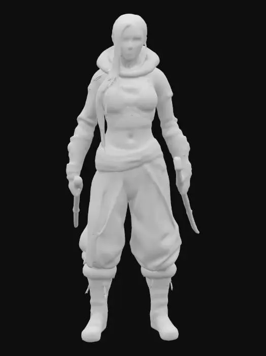 3D model for Object: Aurora Huntress of the Arctic Wastes
Material: Whale-bone composites, graphene armor mesh, micro-LED braids
Shape/Form: Slim athletic humanoid; flexible armor; braided hair with embedded lights; dual nanosteel carving knives
Color Scheme: Matte black, shifting aurora greens and purples, pale skin tones
Texture Details: Flexible hardened mesh, bone-carved armor, smooth braided fibers with shimmering micro-lights
Style: Futuristic nomadic survivalist
Environment/Use Context (optional): Stalking prey in the neon-lit ghost cities of the Arctic
Reference Models (optional): Blends Inuit tracker traditions with cyber-futurist stealth suits
Tags: #AroundTheWorld#