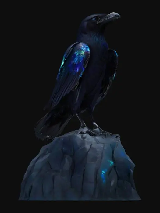 3D model for [Canada]
Raven perched, semi-mechanical wings partially unfurled, each feather a sharpened nano blade shimmering with holographic frost runes. Its talons, plated in frozen silver, click softly against a cracked glacier outcrop below. Its one exposed optic flickers aurora blue. #AroundTheWorld#
