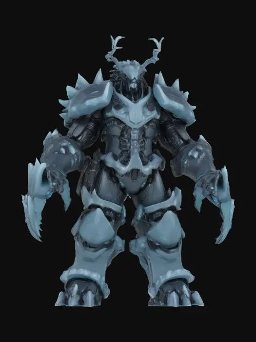 3D model for [Canada]
A cybernetic Glacier Syndicate Overlord locked in A-pose, thick obsidian armor layered with frozen mist vents along the spine. Huge hydraulic arms lined with frostbite cracks. His helmet is crowned with jagged ice antlers, and his left gauntlet is embedded with retractable seismic breakers. Heavy breath steams from slotted vents at the jaw. #AroundTheWorld#
