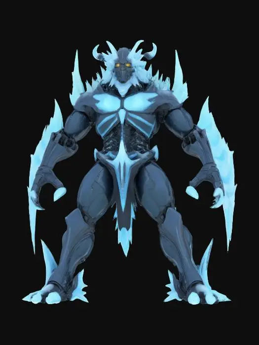 3D model for [Canada]
A cybernetic Glacier Syndicate Overlord locked in A-pose, thick obsidian armor layered with frozen mist vents along the spine. Huge hydraulic arms lined with frostbite cracks. His helmet is crowned with jagged ice antlers, and his left gauntlet is embedded with retractable seismic breakers. Heavy breath steams from slotted vents at the jaw. #AroundTheWorld#
