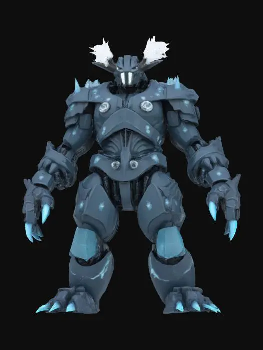3D model for [Canada]
A cybernetic Glacier Syndicate Overlord locked in A-pose, thick obsidian armor layered with frozen mist vents along the spine. Huge hydraulic arms lined with frostbite cracks. His helmet is crowned with jagged ice antlers, and his left gauntlet is embedded with retractable seismic breakers. Heavy breath steams from slotted vents at the jaw. #AroundTheWorld#
