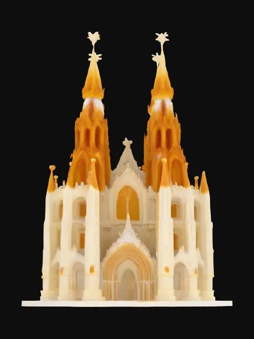 3D model for [France] #AroundTheWorld# A gothic cathedral entirely made of flaky golden croissants and caramelized sugar arches, spiraling upwards with whipped cream spires. The form is exaggeratedly tall and deliciously curved, as if melting upward. Warm gold, creamy white, and amber sugar tones dominate. Texture includes buttery lamination, toasted crisp edges, and glossy glaze. Style: Voxel. Set in a Paris park during sunset, surrounded by coffee carts and pixelated tourists. Inspired by Minecraft aesthetics and French patisserie.
