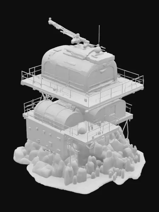 3D model for {
  "Object": "Silent Fang Roost – Arctic Cliffside Recon Encampment",
  "Material": "Carbon-reinforced scaffold, retractable nano-fabric tarps, wind-turbine generators",
  "Shape/Form": "Perched platform with modular tiers, sniper perch, and rope access ladders; semi-enclosed sleeping pods",
  "Color Scheme": "Storm-gray, deep green accents, red tactical markings",
  "Texture Details": "Tarp flapping textures, frostbitten metal, mesh netting, iced railings",
  "Style": "Survivalist guerrilla roost with sniper operations",
  "Environment/Use Context": "Built into sheer cliffs overlooking frozen valleys",
  "Reference Models": "Blends climbing camps, falcon roosts, and cold-weather military observation towers",
  "Polycount": "high-poly"
}, #AroundTheWorld#, 
