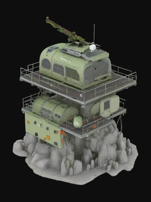3D model for {
  "Object": "Silent Fang Roost – Arctic Cliffside Recon Encampment",
  "Material": "Carbon-reinforced scaffold, retractable nano-fabric tarps, wind-turbine generators",
  "Shape/Form": "Perched platform with modular tiers, sniper perch, and rope access ladders; semi-enclosed sleeping pods",
  "Color Scheme": "Storm-gray, deep green accents, red tactical markings",
  "Texture Details": "Tarp flapping textures, frostbitten metal, mesh netting, iced railings",
  "Style": "Survivalist guerrilla roost with sniper operations",
  "Environment/Use Context": "Built into sheer cliffs overlooking frozen valleys",
  "Reference Models": "Blends climbing camps, falcon roosts, and cold-weather military observation towers",
  "Polycount": "high-poly"
}, #AroundTheWorld#, 
