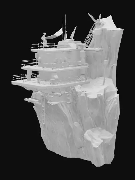 3D model for {
  "Object": "Silent Fang Roost – Arctic Cliffside Recon Encampment",
  "Material": "Carbon-reinforced scaffold, retractable nano-fabric tarps, wind-turbine generators",
  "Shape/Form": "Perched platform with modular tiers, sniper perch, and rope access ladders; semi-enclosed sleeping pods",
  "Color Scheme": "Storm-gray, deep green accents, red tactical markings",
  "Texture Details": "Tarp flapping textures, frostbitten metal, mesh netting, iced railings",
  "Style": "Survivalist guerrilla roost with sniper operations",
  "Environment/Use Context": "Built into sheer cliffs overlooking frozen valleys",
  "Reference Models": "Blends climbing camps, falcon roosts, and cold-weather military observation towers",
  "Polycount": "high-poly"
}, #AroundTheWorld#, 
