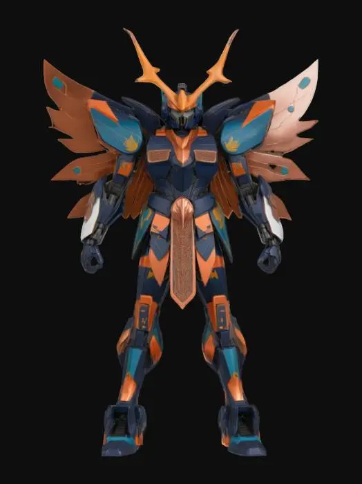 3D model for Object: Honor-guard Gundam inspired by Indigenous Canadian art and nature symbolism
Material: Etched obsidian-tone alloy with lightweight copper-titanium laminate plating; energy conduits resemble woven sinew
Shape/Form: Tall, regal humanoid form with ceremonial wing-like back fins, antler-shaped antennae, and chestplate embossed with stylized animal iconography (eagle, bear, wolf)
Color Scheme: Earth-toned base (black, copper, dark red) with vibrant teal and gold energy tracings inspired by Haida and Cree color palettes
Texture Details: Intricately engraved tribal markings, smooth polished armor with brush-metal accents.
Reference Models: Gundam Barbatos with symbolic motifs, Horizon Zero Dawn’s culturally-inspired tech, Okami (symbolism reference, not style), #AroundTheWorld#, 
