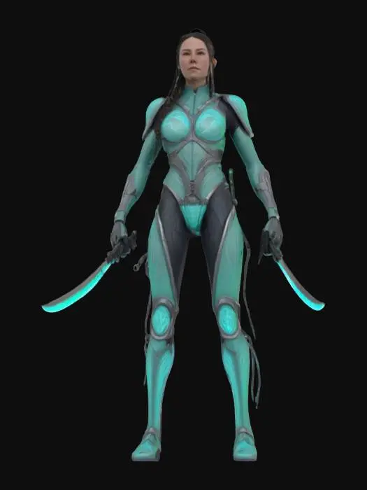 3D model for Object: Aurora Huntress of the Arctic Wastes

Material: Reinforced whale-bone composites, graphene-integrated armor mesh, micro-LED woven braids

Shape/Form: Slim athletic humanoid with agile silhouette; segmented flexible armor; long braided hair laced with embedded micro-lights; dual-wielded nanosteel carving knives with bone-handled grips

Color Scheme: Matte black base with iridescent aurora greens and purples on armor edges; pale winter-toned skin; micro-LEDs pulse soft arctic colors

Reference Models (optional): Inspired by traditional Inuit trackers (like a cross between Aloy from Horizon Zero Dawn and Ghost from Call of Duty), #AroundTheWorld#