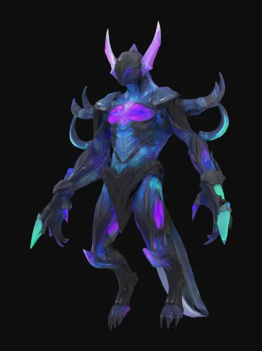 3D model for Object: Interdimensional Assassin — “VIRRAZ, The Phase-Lurker”

Material: Translucent phase crystal skin, bonded boneplate armor, ripple-tech cloaking mesh

Shape/Form: Slender and semi-fluid form; 4 floating limbs; no legs — glides on distortion rings; mask with swirling galaxy eyes; wrist mounted phase blade

Color Scheme: Indigo-black body, violet and green pulses in joints, flowing glow-trails in place of blood

Texture Details: Light-refracting skin, clean comic shadows on boneplate, oily sheen transitions

Style: Cartoon (Borderlands x cosmic-eldritch cel-shade fusion)

Environment/Use Context: Stalks prey through glitch rifts and quantum caves

Reference Models: Mass Effect Reaper + No-Face + Spawn + Hyper Light Drifter