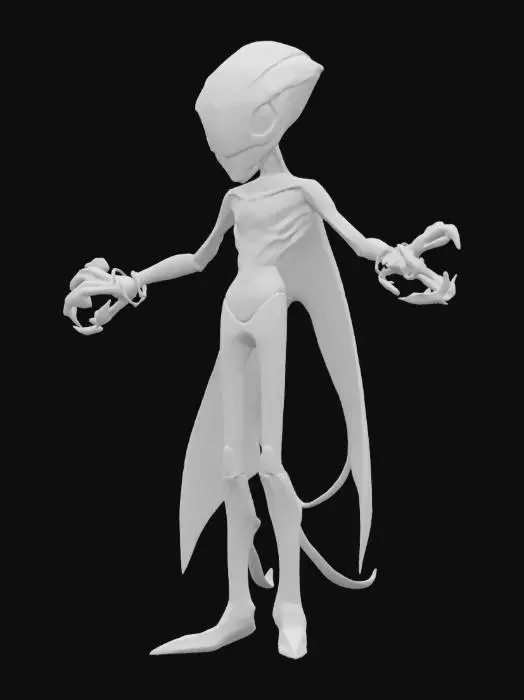 3D model for Object: Interdimensional Assassin — “VIRRAZ, The Phase-Lurker”

Material: Translucent phase crystal skin, bonded boneplate armor, ripple-tech cloaking mesh

Shape/Form: Slender and semi-fluid form; 4 floating limbs; no legs — glides on distortion rings; mask with swirling galaxy eyes; wrist mounted phase blade

Color Scheme: Indigo-black body, violet and green pulses in joints, flowing glow-trails in place of blood

Texture Details: Light-refracting skin, clean comic shadows on boneplate, oily sheen transitions

Style: Cartoon (Borderlands x cosmic-eldritch cel-shade fusion)

Environment/Use Context: Stalks prey through glitch rifts and quantum caves

Reference Models: Mass Effect Reaper + No-Face + Spawn + Hyper Light Drifter