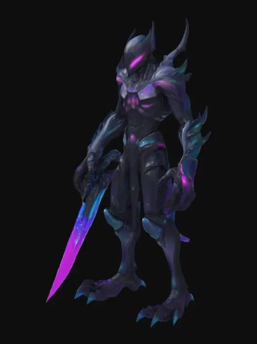 3D model for Object: Interdimensional Assassin — “VIRRAZ, The Phase-Lurker”

Material: Translucent phase crystal skin, bonded boneplate armor, ripple-tech cloaking mesh

Shape/Form: Slender and semi-fluid form; 4 floating limbs; no legs — glides on distortion rings; mask with swirling galaxy eyes; wrist mounted phase blade

Color Scheme: Indigo-black body, violet and green pulses in joints, flowing glow-trails in place of blood

Texture Details: Light-refracting skin, clean comic shadows on boneplate, oily sheen transitions

Style: Cartoon (Borderlands x cosmic-eldritch cel-shade fusion)

Environment/Use Context: Stalks prey through glitch rifts and quantum caves

Reference Models: Mass Effect Reaper + No-Face + Spawn + Hyper Light Drifter
