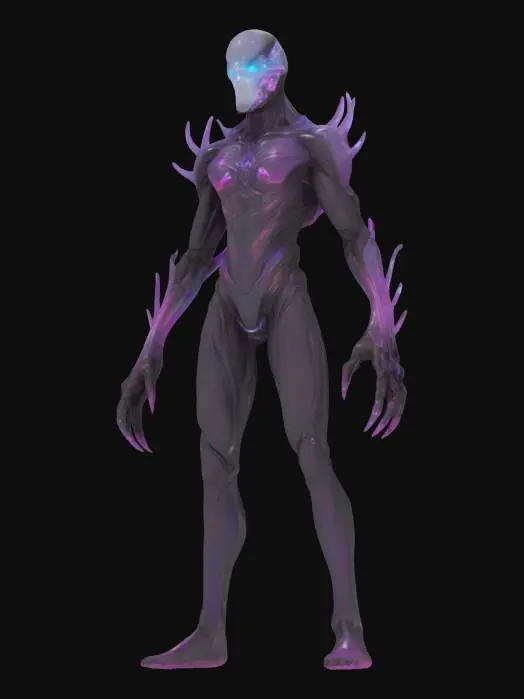 3D model for Object: Interdimensional Assassin — “VIRRAZ, The Phase-Lurker”

Material: Translucent phase crystal skin, bonded boneplate armor, ripple-tech cloaking mesh

Shape/Form: Slender and semi-fluid form; 4 floating limbs; no legs — glides on distortion rings; mask with swirling galaxy eyes; wrist mounted phase blade

Color Scheme: Indigo-black body, violet and green pulses in joints, flowing glow-trails in place of blood

Texture Details: Light-refracting skin, clean comic shadows on boneplate, oily sheen transitions

Style: Cartoon (Borderlands x cosmic-eldritch cel-shade fusion)

Environment/Use Context: Stalks prey through glitch rifts and quantum caves

Reference Models: Mass Effect Reaper + No-Face + Spawn + Hyper Light Drifter