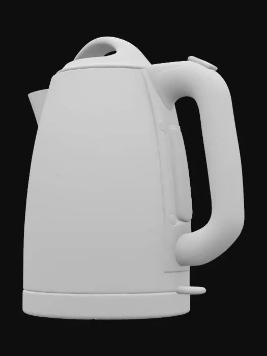 3D model for Object: Stainless Steel Electric Kettle
Material: Stainless steel with black plastic handle and lid
Shape/Form: Cylindrical body with a slight taper at the top, rounded base, and a curved spout
Color Scheme: Brushed metal silver body, matte black handle and lid, transparent water level indicator with blue accents
Texture Details: Smooth metallic finish with subtle brushed lines, slightly reflective
Style: Realistic, PBR with detailed reflections and subtle wear
Environment/Use Context: Placed on a marble kitchen countertop with subtle lighting to emphasize reflections
Reference Models: Inspired by modern kitchen appliances from brands like Breville or KitchenAid.