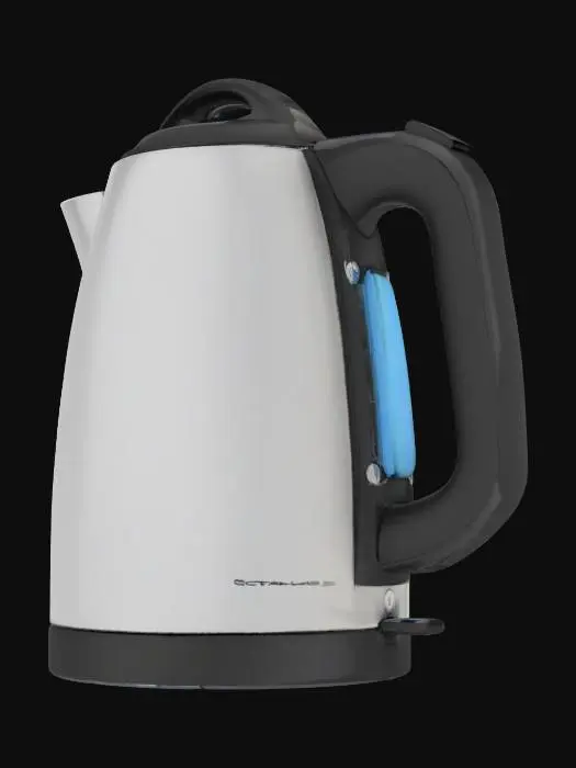 3D model for Object: Stainless Steel Electric Kettle
Material: Stainless steel with black plastic handle and lid
Shape/Form: Cylindrical body with a slight taper at the top, rounded base, and a curved spout
Color Scheme: Brushed metal silver body, matte black handle and lid, transparent water level indicator with blue accents
Texture Details: Smooth metallic finish with subtle brushed lines, slightly reflective
Style: Realistic, PBR with detailed reflections and subtle wear
Environment/Use Context: Placed on a marble kitchen countertop with subtle lighting to emphasize reflections
Reference Models: Inspired by modern kitchen appliances from brands like Breville or KitchenAid.