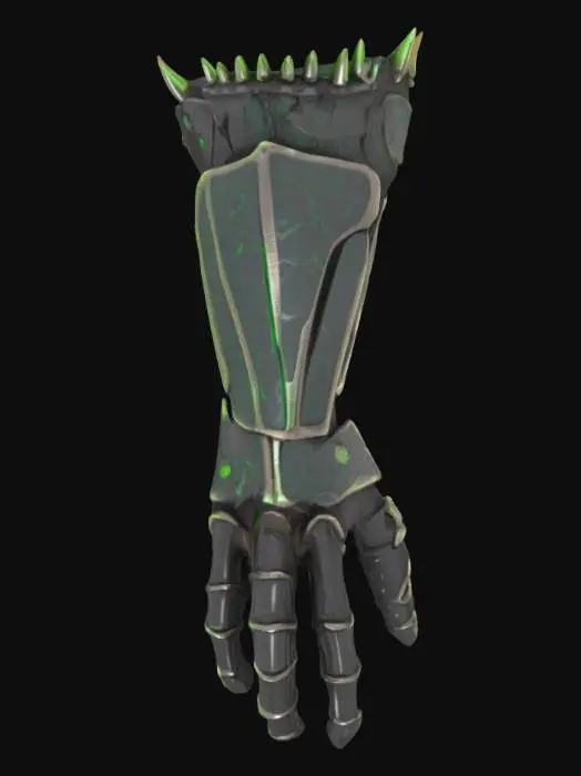 3D model for Object: A biomechanical gauntlet weapon
Material: Brushed steel with organic alien resin
Shape/Form: Anatomical with segmented plates and protruding spikes
Color Scheme: Dark gunmetal with iridescent green veins
Texture Details: Smooth metallic sections interlaced with rough, organic patterns
Style: Stylized with dark fantasy and sci-fi elements
Environment/Use Context: Worn by a cybernetic warrior in a post-apocalyptic setting
Reference Models: Inspired by the design of the Doom Slayer gauntlet and H.R. Giger’s biomechanical art