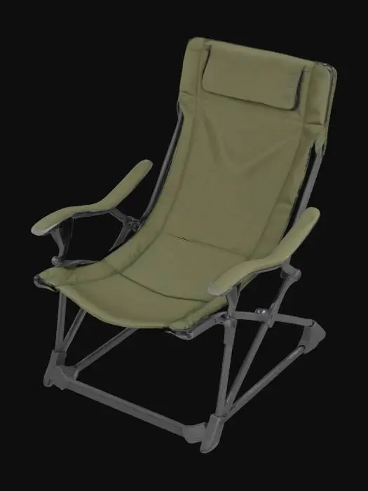 3D model for Object: A modular, foldable camping chair
Material: Lightweight aluminum frame with ballistic nylon fabric
Shape/Form: Geometric frame with angular legs and a compact, foldable seat
Color Scheme: Olive green with black accents
Texture Details: Matte finish on metal, rugged woven fabric with slight weathered effect
Style: Realistic with utilitarian, military-inspired design
Environment/Use Context: Placed next to a campfire in a dense forest setting
Reference Models: Inspired by tactical gear designs and military-grade camping equipment