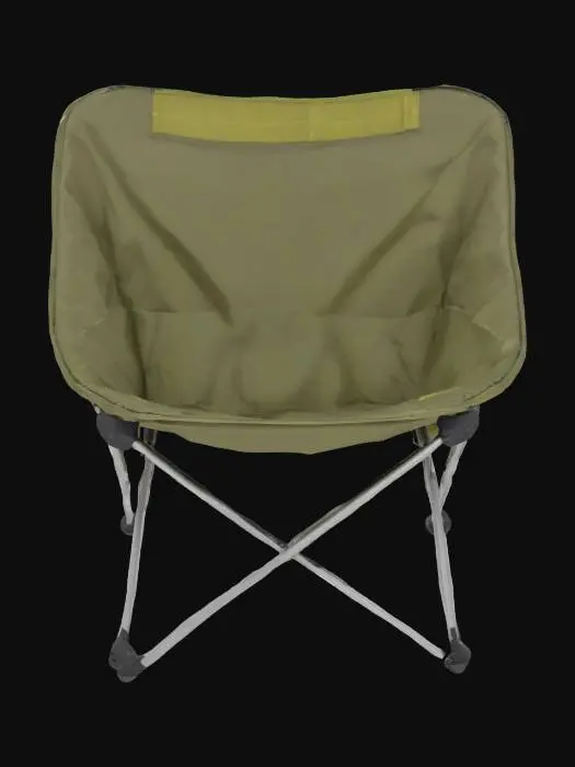 3D model for Object: A modular, foldable camping chair
Material: Lightweight aluminum frame with ballistic nylon fabric
Shape/Form: Geometric frame with angular legs and a compact, foldable seat
Color Scheme: Olive green with black accents
Texture Details: Matte finish on metal, rugged woven fabric with slight weathered effect
Style: Realistic with utilitarian, military-inspired design
Environment/Use Context: Placed next to a campfire in a dense forest setting
Reference Models: Inspired by tactical gear designs and military-grade camping equipment
