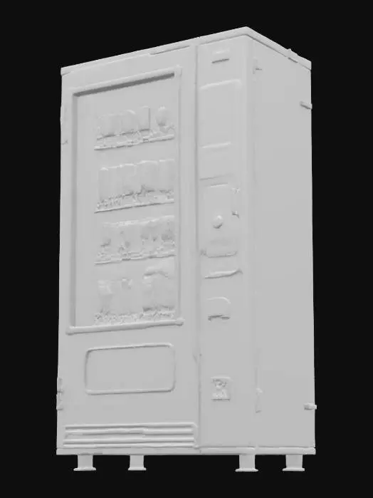 3D model for Object: A cyberpunk vending machine
Material: Steel casing with reinforced glass panels
Shape/Form: Rectangular with protruding compartments and a holographic display
Color Scheme: Dark gray base with neon purple and orange accents
Texture Details: Grimy metal surface with flickering LED screens and graffiti decals
Style: Realistic with gritty, dystopian cyberpunk aesthetics
Environment/Use Context: Positioned in a rain-soaked alleyway under a flickering streetlight
Reference Models: Inspired by the vending machines in Cyberpunk 2077 and Blade Runner