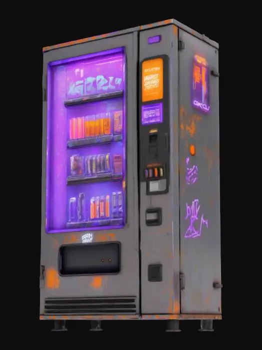 3D model for Object: A cyberpunk vending machine
Material: Steel casing with reinforced glass panels
Shape/Form: Rectangular with protruding compartments and a holographic display
Color Scheme: Dark gray base with neon purple and orange accents
Texture Details: Grimy metal surface with flickering LED screens and graffiti decals
Style: Realistic with gritty, dystopian cyberpunk aesthetics
Environment/Use Context: Positioned in a rain-soaked alleyway under a flickering streetlight
Reference Models: Inspired by the vending machines in Cyberpunk 2077 and Blade Runner