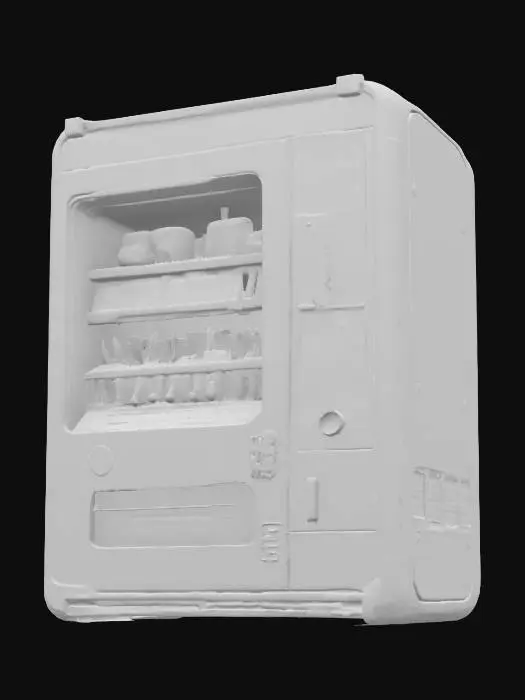 3D model for Object: A cyberpunk vending machine
Material: Steel casing with reinforced glass panels
Shape/Form: Rectangular with protruding compartments and a holographic display
Color Scheme: Dark gray base with neon purple and orange accents
Texture Details: Grimy metal surface with flickering LED screens and graffiti decals
Style: Realistic with gritty, dystopian cyberpunk aesthetics
Environment/Use Context: Positioned in a rain-soaked alleyway under a flickering streetlight
Reference Models: Inspired by the vending machines in Cyberpunk 2077 and Blade Runner