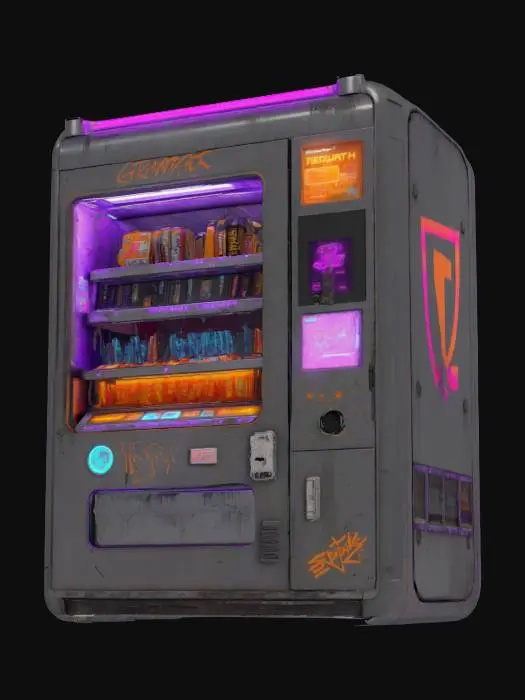 3D model for Object: A cyberpunk vending machine
Material: Steel casing with reinforced glass panels
Shape/Form: Rectangular with protruding compartments and a holographic display
Color Scheme: Dark gray base with neon purple and orange accents
Texture Details: Grimy metal surface with flickering LED screens and graffiti decals
Style: Realistic with gritty, dystopian cyberpunk aesthetics
Environment/Use Context: Positioned in a rain-soaked alleyway under a flickering streetlight
Reference Models: Inspired by the vending machines in Cyberpunk 2077 and Blade Runner