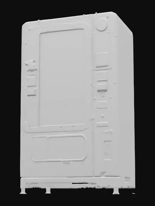 3D model for Object: A cyberpunk vending machine
Material: Steel casing with reinforced glass panels
Shape/Form: Rectangular with protruding compartments and a holographic display
Color Scheme: Dark gray base with neon purple and orange accents
Texture Details: Grimy metal surface with flickering LED screens and graffiti decals
Style: Realistic with gritty, dystopian cyberpunk aesthetics
Environment/Use Context: Positioned in a rain-soaked alleyway under a flickering streetlight
Reference Models: Inspired by the vending machines in Cyberpunk 2077 and Blade Runner