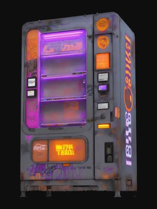 3D model for Object: A cyberpunk vending machine
Material: Steel casing with reinforced glass panels
Shape/Form: Rectangular with protruding compartments and a holographic display
Color Scheme: Dark gray base with neon purple and orange accents
Texture Details: Grimy metal surface with flickering LED screens and graffiti decals
Style: Realistic with gritty, dystopian cyberpunk aesthetics
Environment/Use Context: Positioned in a rain-soaked alleyway under a flickering streetlight
Reference Models: Inspired by the vending machines in Cyberpunk 2077 and Blade Runner