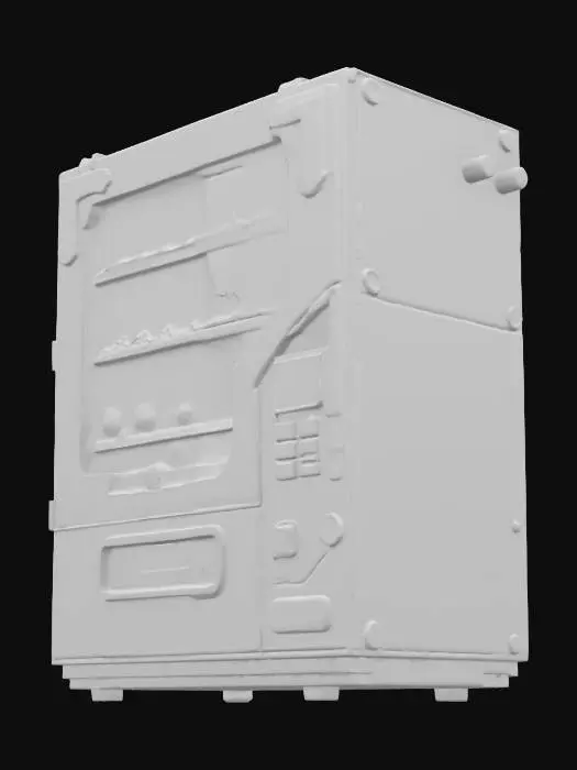 3D model for Object: A cyberpunk vending machine
Material: Steel casing with reinforced glass panels
Shape/Form: Rectangular with protruding compartments and a holographic display
Color Scheme: Dark gray base with neon purple and orange accents
Texture Details: Grimy metal surface with flickering LED screens and graffiti decals
Style: Realistic with gritty, dystopian cyberpunk aesthetics
Environment/Use Context: Positioned in a rain-soaked alleyway under a flickering streetlight
Reference Models: Inspired by the vending machines in Cyberpunk 2077 and Blade Runner