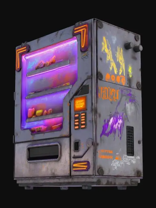 3D model for Object: A cyberpunk vending machine
Material: Steel casing with reinforced glass panels
Shape/Form: Rectangular with protruding compartments and a holographic display
Color Scheme: Dark gray base with neon purple and orange accents
Texture Details: Grimy metal surface with flickering LED screens and graffiti decals
Style: Realistic with gritty, dystopian cyberpunk aesthetics
Environment/Use Context: Positioned in a rain-soaked alleyway under a flickering streetlight
Reference Models: Inspired by the vending machines in Cyberpunk 2077 and Blade Runner
